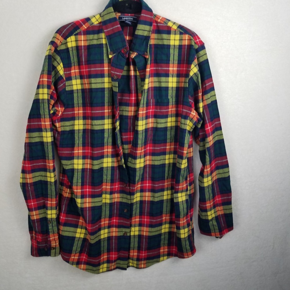 Lands End Mens Plaid Flannel Button Down Shirt Long Sleeve Cotton multicolored